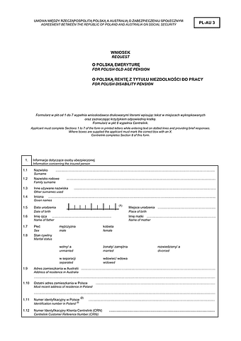 ZUS PL-AU 3 Wniosek o polską emeryturę/rentę z tytułu niezdolności do pracy