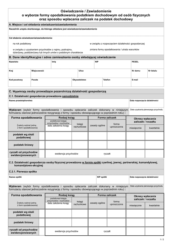 OWFO Oświadczenie / zawiadomienie o wyborze formy opodatkowania podatkiem dochodowym od osób fizycznych oraz sposobu wpłacania zaliczek na podatek dochodowy