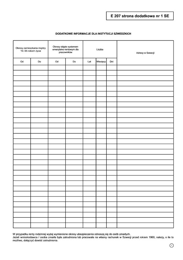ZUS E 207 strona dodatkowa nr 1 SE Dodatkowe informacje dla instytucji szwedzkich