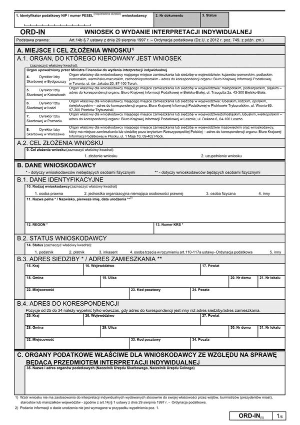 ORD-IN (5) (od II 2013) (archiwalny) Wniosek o wydanie interpretacji indywidualnej