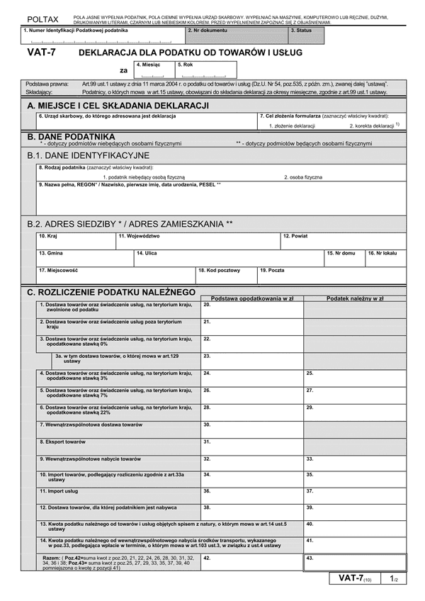 VAT-7 (10) (archiwalny) Deklaracja dla podatku od towarów i usług