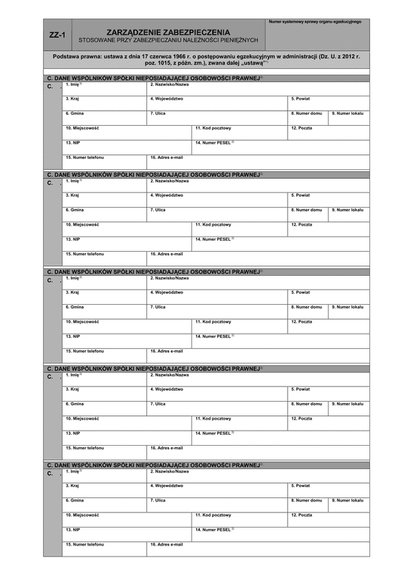 ZZ-1c (3) (archiwalny) Zarządzenie zabezpieczenia stosowane przy zabezpieczeniu należności pieniężnych - dane wspólników spółki nieposiadającej osobowości prawnej
