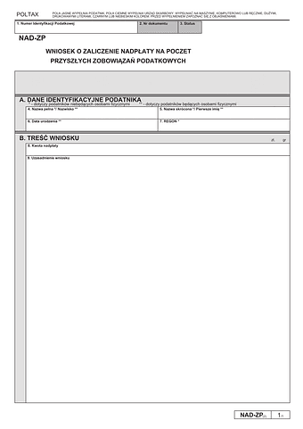 NAD-ZP Wniosek o zaliczenie nadpłaty lub zwrotu na poczet przyszłych zobowiązań podatkowych