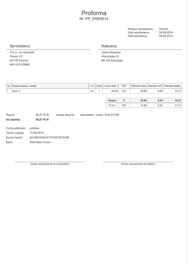 FP(n-1poz) (archiwalny) Faktura Proforma netto (1 pozycja) - darmowa