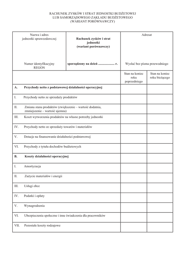 RZiSJB (archiwalny) Rachunek zysków i strat jednostki budżetowej lub samorządowego zakładu budżetowego (wariant porównawczy)