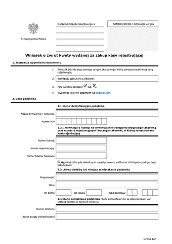 WoZK Wniosek o zwrot kwoty wydatkowanej na zakup kasy rejestrującej