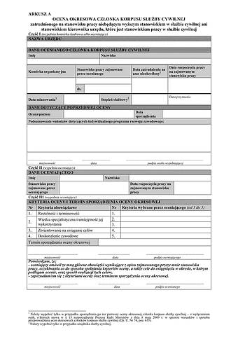 AAO Arkusz A Ocena okresowa członka korpusu Służby Cywilnej zatrudnionego na stanowisku pracy niebędącym wyższym stanowiskiem w służbie cywilnej ani stanowiskiem kierownika urzędu, które jest stanowiskiem pracy w służbie cywilnej