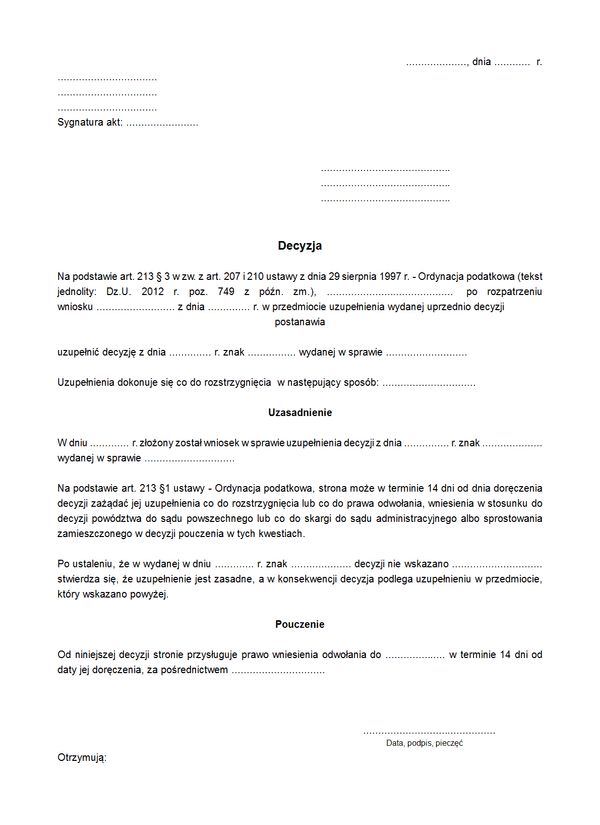 DDUD Decyzja dokonująca uzupełnienie decyzji