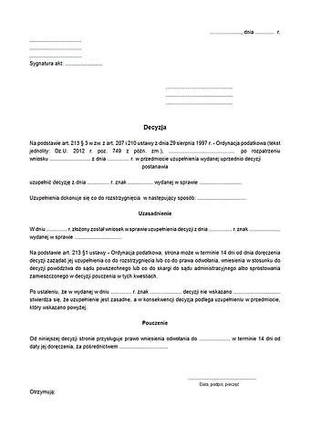 DDUD Decyzja dokonująca uzupełnienie decyzji