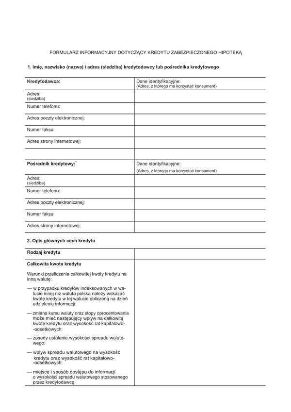 FIDKH Formularz informacyjny dotyczący kredytu zabezpieczonego hipoteką