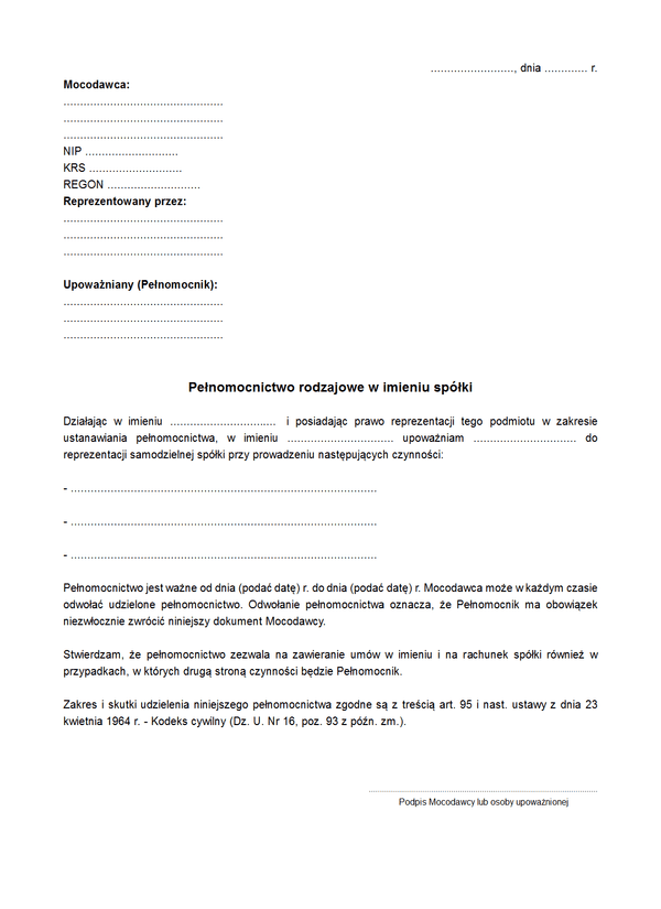 PPKSIS Pełnomocnictwo do prowadzenia konkretnych spraw w imieniu spółki
