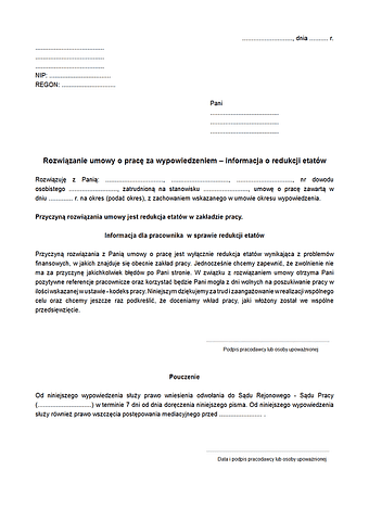 RUPWR Rozwiązanie umowy o pracę za wypowiedzeniem - informacja o redukcji etatów