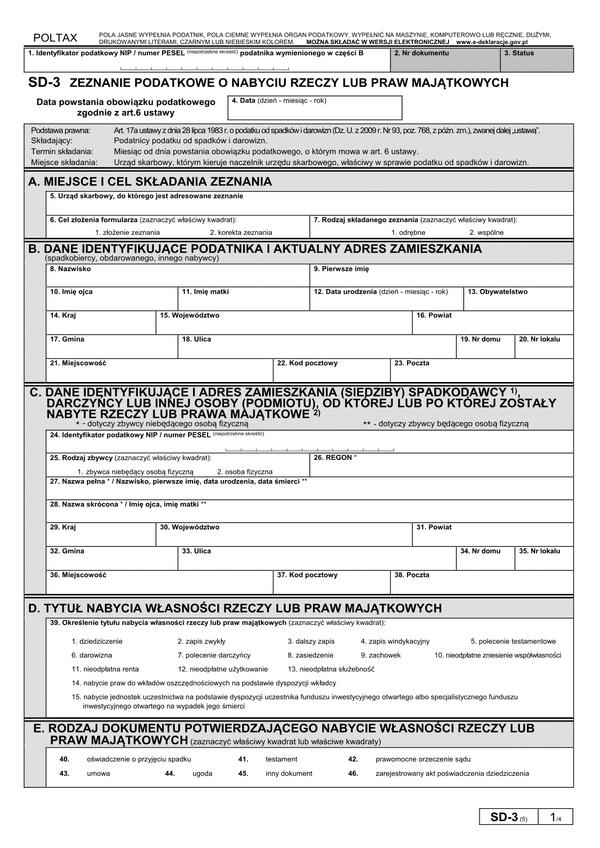 SD-3 (5) (archiwalny) (od IX 2014) Zeznanie podatkowe o nabyciu rzeczy lub praw majątkowych
