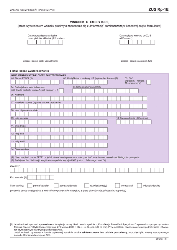 ZUS RP-1E (archiwalny) Wniosek o emeryturę