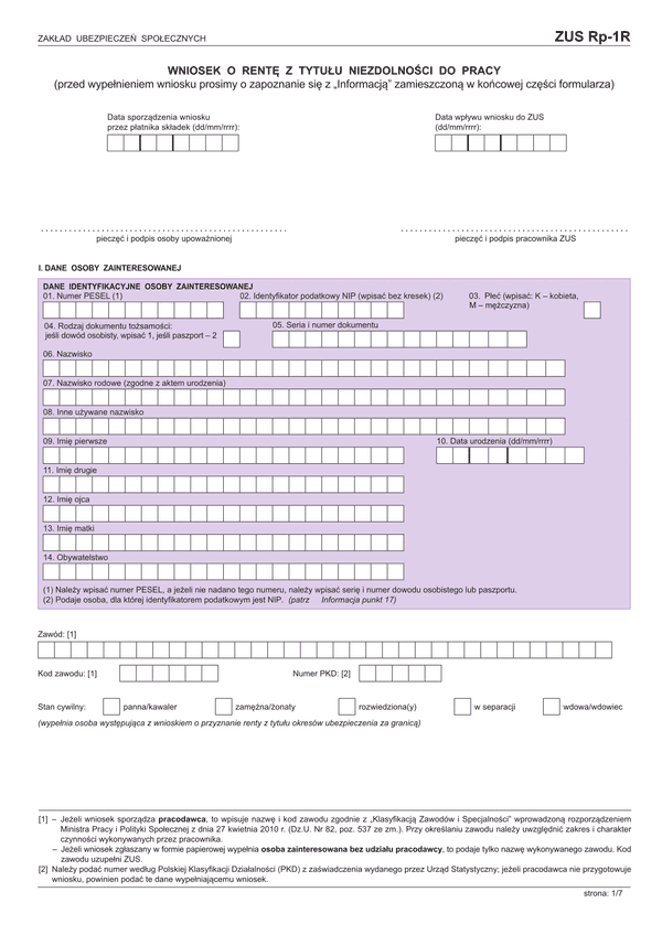 ZUS RP-1R (od 2014) (archiwalny) Wniosek o rentę z tytułu niezdolności do pracy