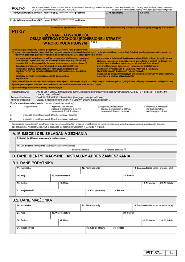 PIT-37 (20) (2014) (archiwalny) Zeznanie o wysokości osiągniętego dochodu (poniesionej straty) w roku podatkowym