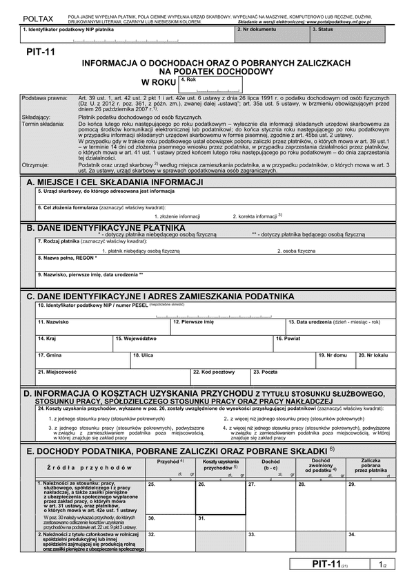 PIT-11 (21) (2014) (archiwalny) Informacja o dochodach oraz o pobranych zaliczkach na podatek dochodowy (PIT-11 / PIT/11Z)