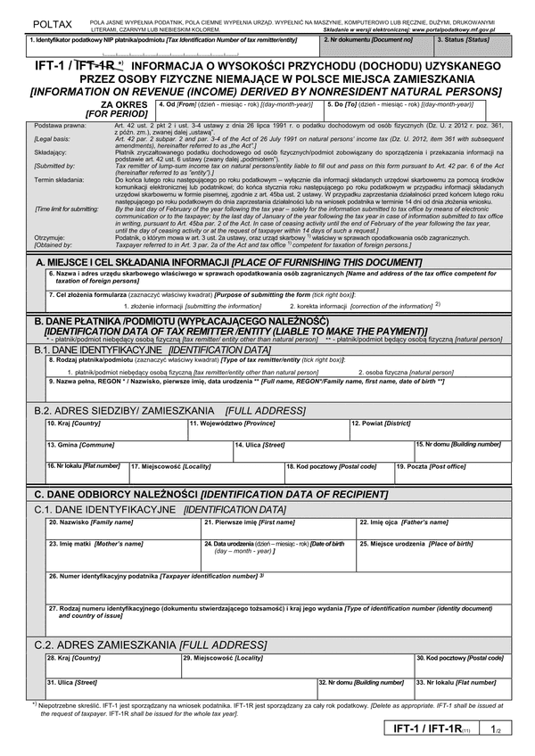 IFT-1 (11) (2014) (archiwalny) Informacja o wysokości przychodu (dochodu) uzyskanego przez osoby fizyczne niemające w Polsce miejsca zamieszkania