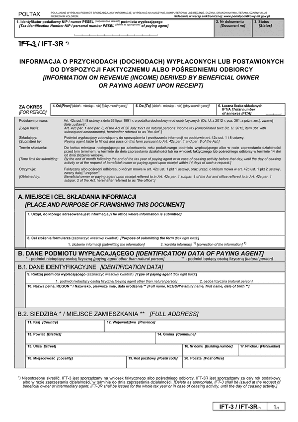 IFT-3R (7) (archiwalny) (od I 2015) Informacja o przychodach (dochodach) wypłaconych lub postawionych do dyspozycji faktycznemu albo pośredniemu odbiorcy 