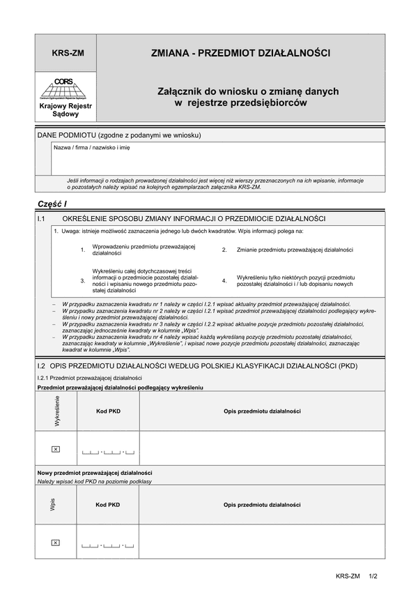 KRS-ZM Zmiana - przedmiot działalności - załącznik do wniosku o zmianę danych w rejestrze przedsiębiorców