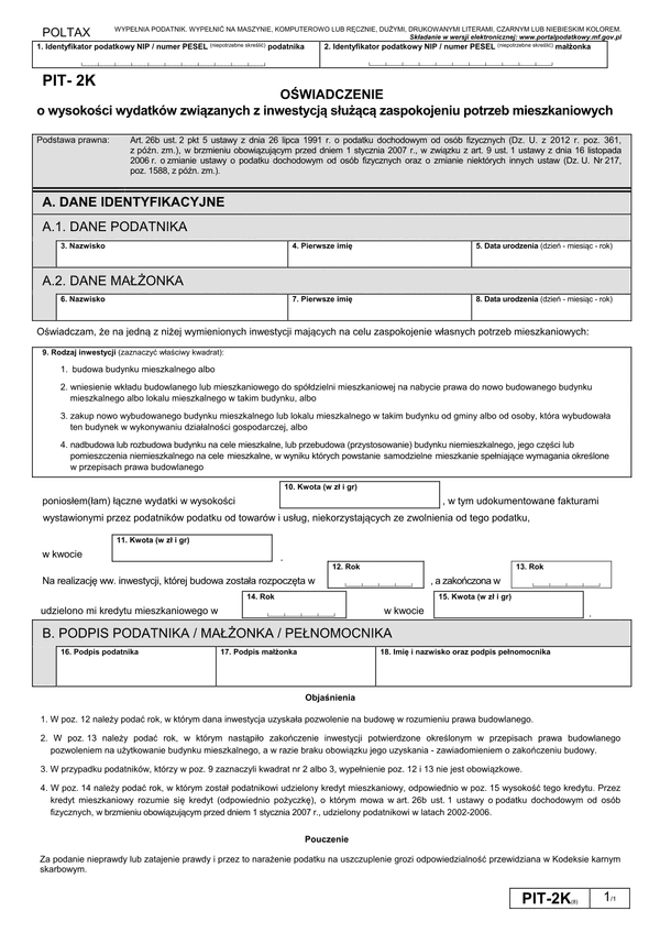 PIT-2K (8) (archiwalny) (2014 - 2021) Oświadczenie o wysokości wydatków związanych z inwestycją służącą zaspokojeniu potrzeb mieszkaniowych