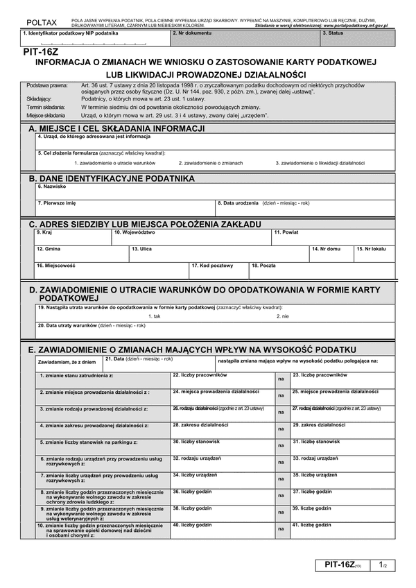 PIT-16Z (13) (archiwalny) (2015 - 2018) Informacja o zmianach we wniosku o zastosowanie karty podatkowej lub likwidacji prowadzonej działalności