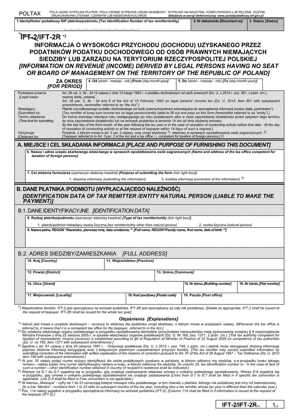 IFT-2R (6)  (archiwalny) (2015) Informacja o wysokości przychodu (dochodu) uzyskanego przez podatników podatku dochodowego od osób prawnych niemających siedziby lub zarządu na terytorium Rzeczypospolitej Polskiej