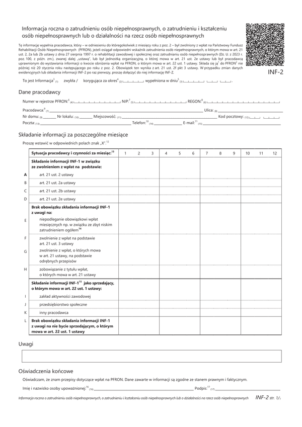 PFRON INF-2 Informacja roczna o zatrudnieniu osób niepełnosprawnych, o zatrudnieniu i kształceniu osób niepełnosprawnych lub o działalności na rzecz osób niepełnosprawnych