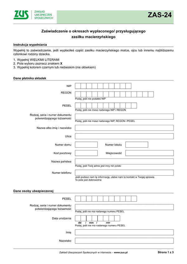 ZUS ZAS-24 Zaświadczenie o okresach wypłacanego/ przysługującego zasiłku macierzyńskiego