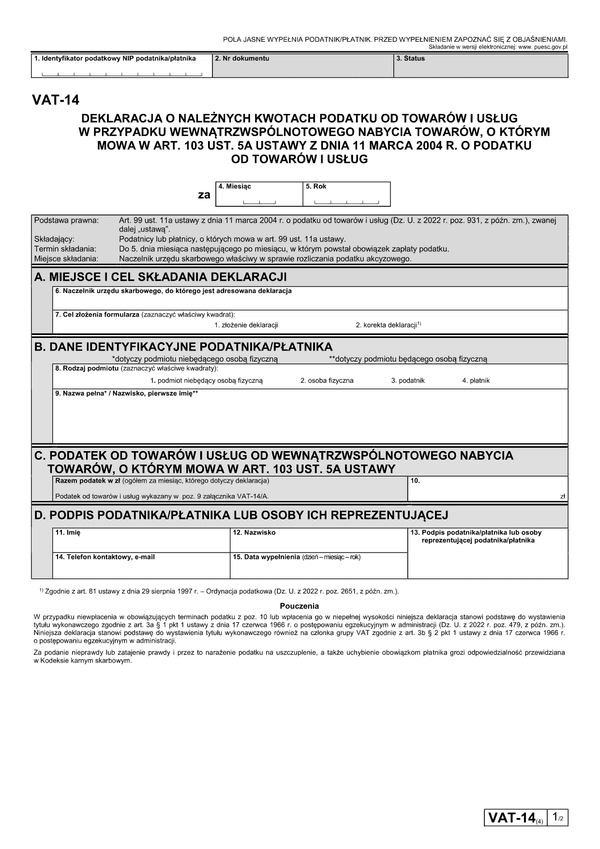 VAT-14 (4) Deklaracja dla podatku od towarów i usług od wewnątrzwspólnotowego nabycia paliw silnikowych