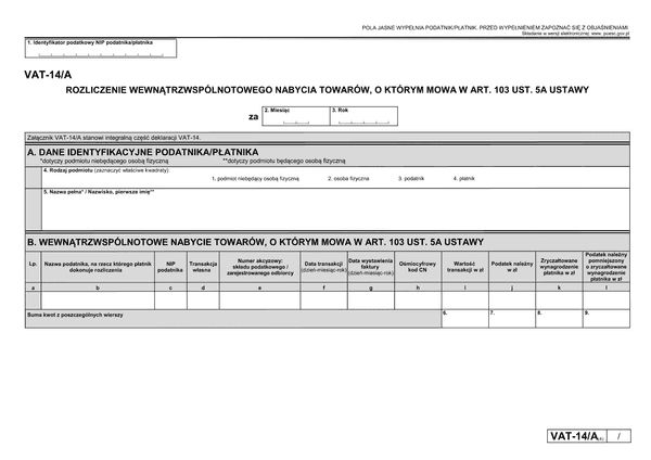 VAT-14/A (4) Rozliczenie wewnątrzwspólnotowego nabycia paliw silnikowych