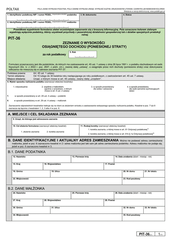 PIT-36 (31) (2023) Zeznanie o wysokości osiągniętego dochodu (poniesionej straty)