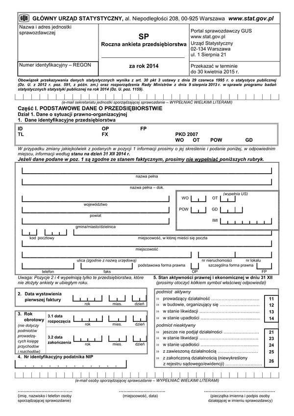 GUS SP (2014) (archiwalny) Roczna ankieta przedsiębiorstwa za rok 2014