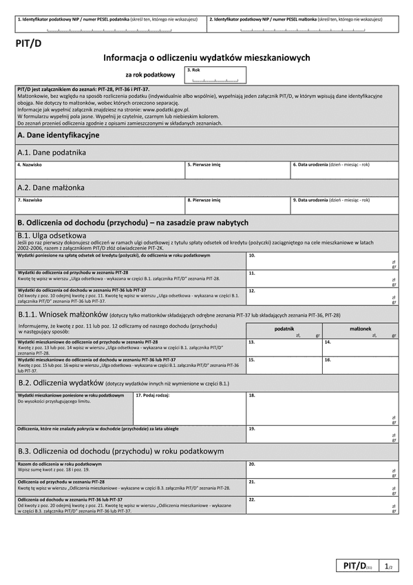 PIT/D (31) (2023) Informacja o odliczeniu wydatków mieszkaniowych w roku podatkowym 