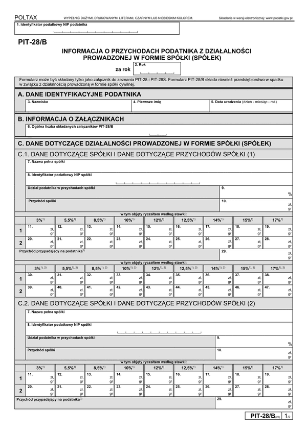 PIT-28/B (20) (2023) Informacja o przychodach podatnika z działalności prowadzonej w formie spółki (spółek) osób fizycznych 