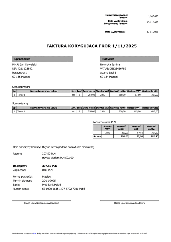 FKOR Faktura VAT netto/brutto (zgodna z KSeF)