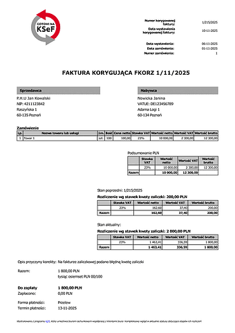 FKORZ Faktura korygująca zaliczkowa (zgodna z KSeF)