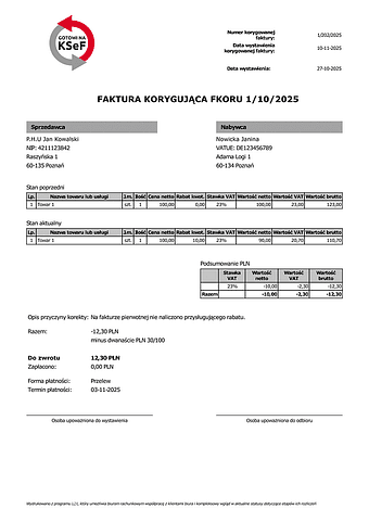 FKORU Faktura korygująca uproszczona (zgodna z KSeF)