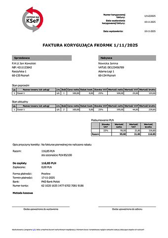 FKORMK Faktura korygująca metoda kasowa (zgodna z KSeF)