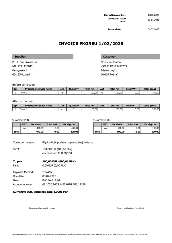FKOREU Faktura korygująca europejska KSeF (zgodna z KSeF)
