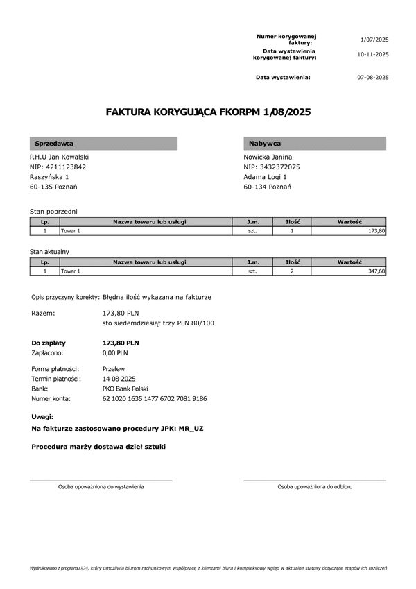 FKORPM Faktura korygująca procedura marży (zgodna z KSeF)
