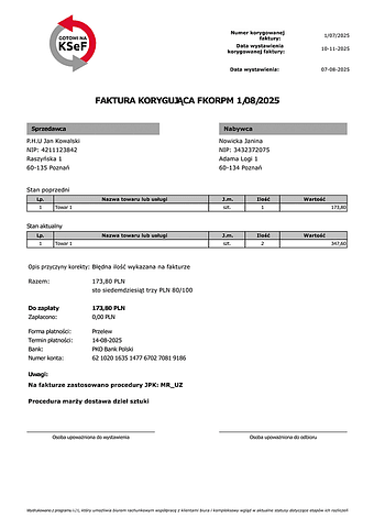 FKORPM Faktura korygująca procedura marży (zgodna z KSeF)