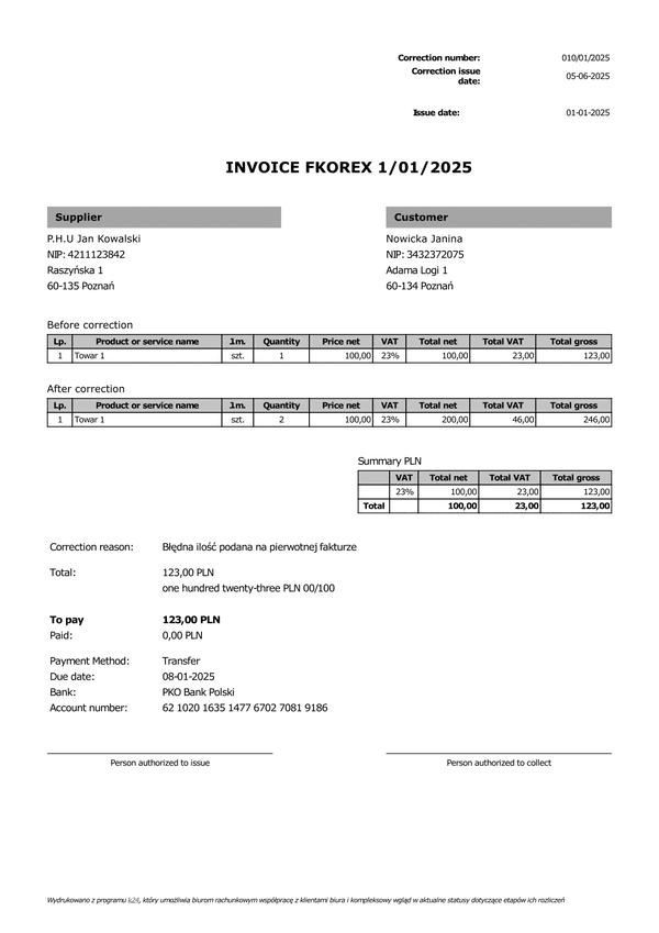 FKOREX Faktura korygująca eksportowa (zgodna z KSeF)