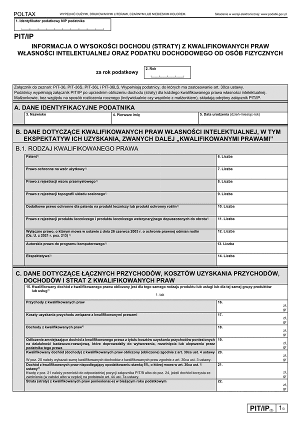 PIT/IP (5) (2023-2024) Informacja o wysokości dochodu (poniesionej straty) z kwalifikowanych praw własności intelektualnej