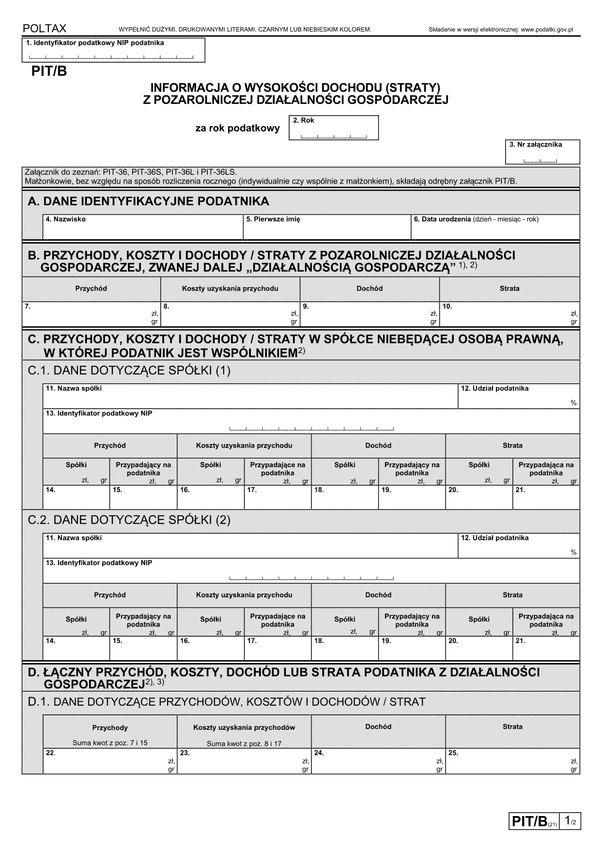 PIT/B (21) (2023) Informacja o wysokości dochodu (straty) z pozarolniczej działalności gospodarczej 