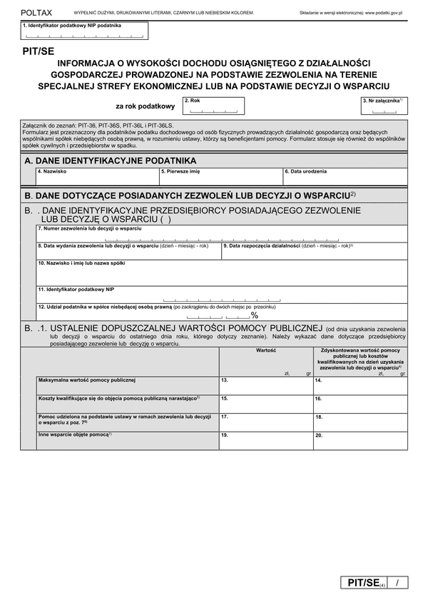 PIT/SE (4) (2023-2024) Informacja o wysokości dochodu z działalności gospodarczej prowadzonej na podstawie zezwolenia na terenie specjalnej strefy ekonomicznej lub na podstawie decyzji o wsparciu