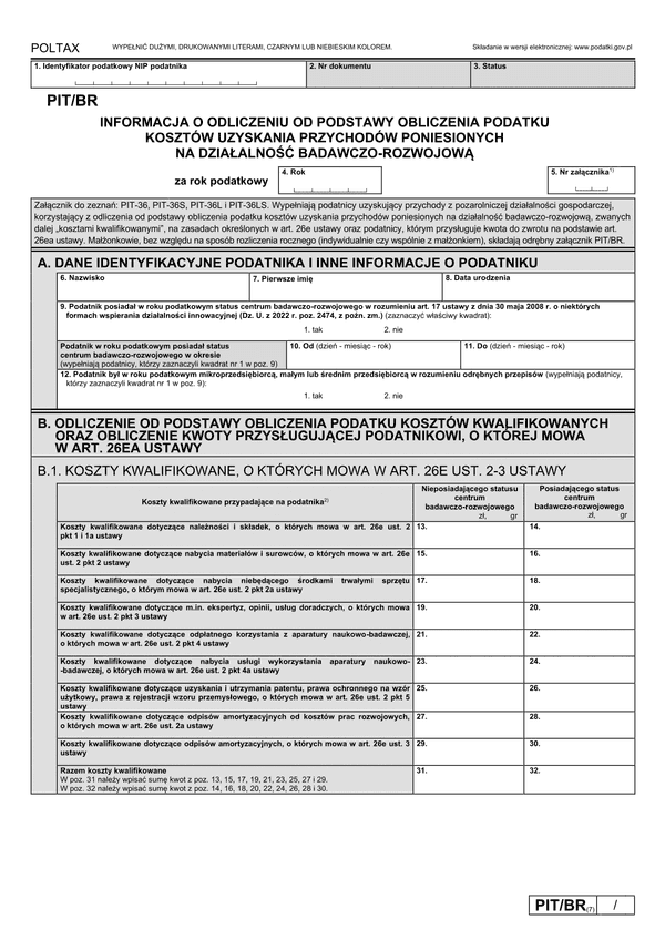 PIT/BR (7) (2023-2024) Informacja o odliczeniu od podstawy obliczenia podatku kosztów uzyskania przychodów poniesionych na działalność badawczo-rozwojową