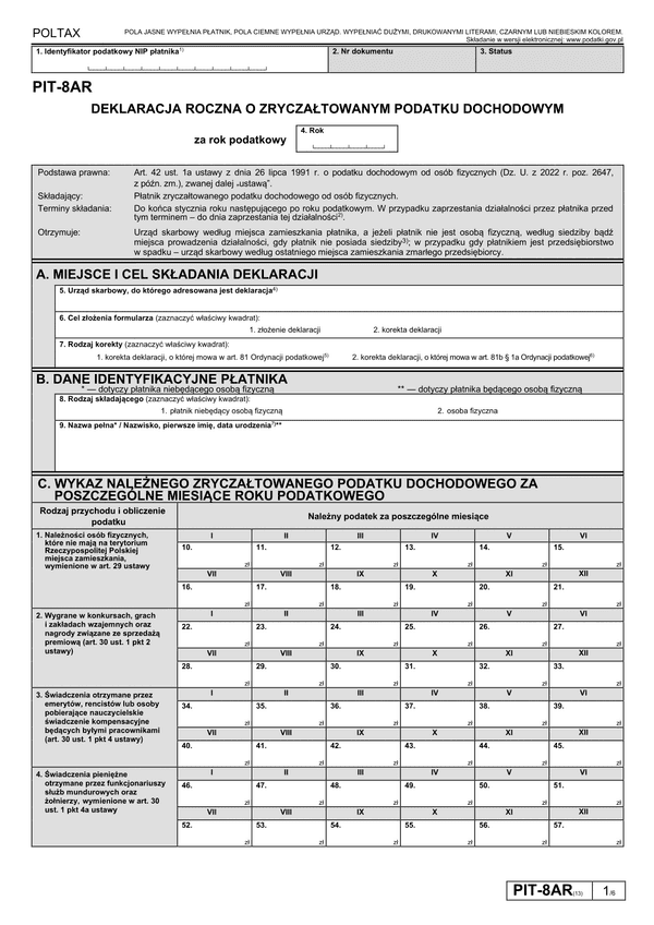 PIT-8AR (13) (archiwalny) (2023) Deklaracja roczna o zryczałtowanym podatku dochodowym