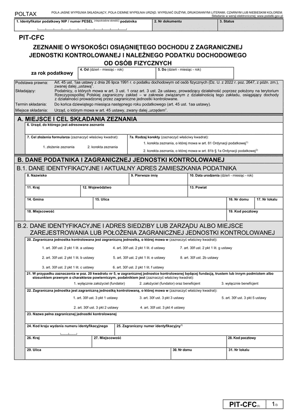 PIT-CFC (5) Zeznanie o wysokości osiągniętego dochodu z zagranicznej spółki kontrolowanej przez podatnika podatku dochodowego od osób fizycznych