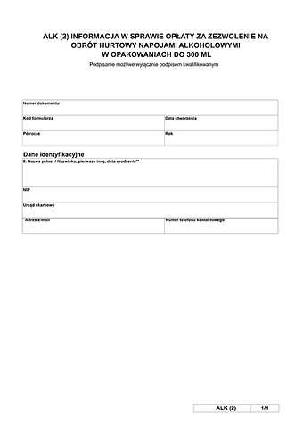 ALK (2) Informacja w sprawie opłaty za zezwolenie na obrót  hurtowy napojami alkoholowymi w opakowaniach do 300 ml